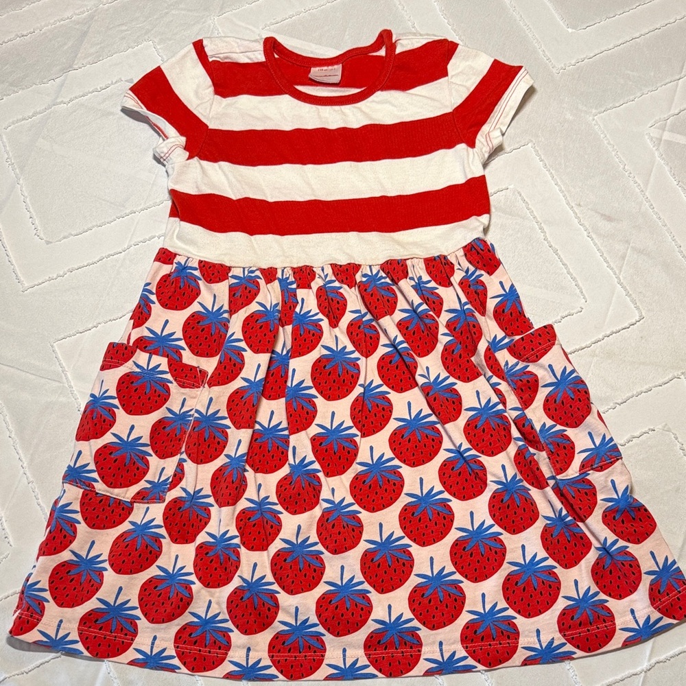 Hanna Andersson Red and White Kids Dress with Strawberry Design size 5